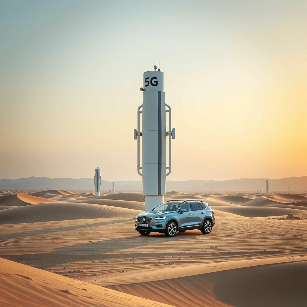 Modern 5G mobile tower in Qatar desert landscape